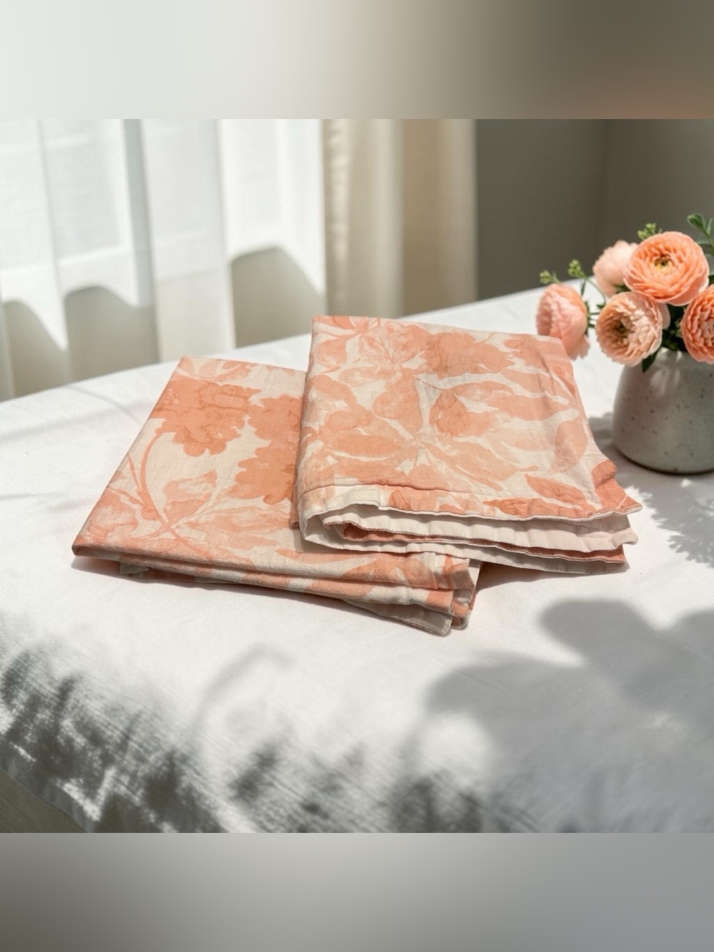 2 Coastal Collection Floral Botanical Pillow Shams Standard Coral White Cotton